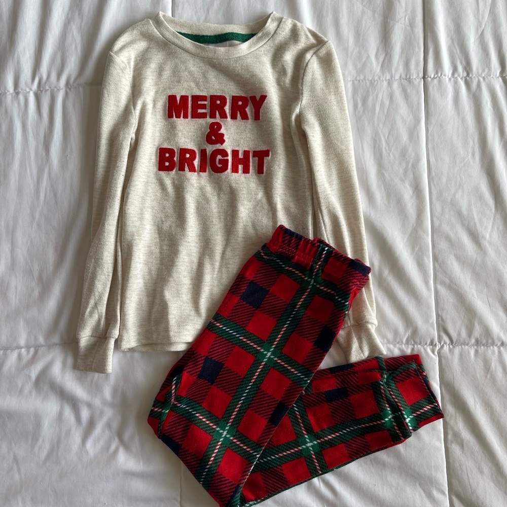 Festive Kids Pajama Set - Cream and Red Plaid